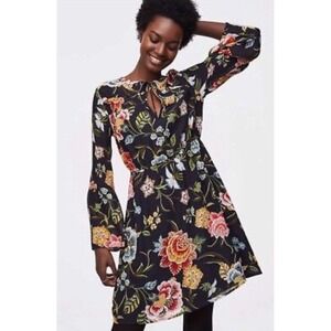 Loft Women's Black Tie Neck Poppy‎ Bloom Bell Sleeve Dress Size XS